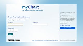 myChart - Login Recovery Page