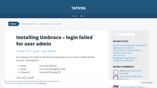 Installing Umbraco – login failed for user admin | tatvog