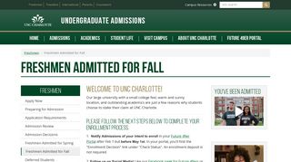 Freshmen Admitted for Fall | Undergraduate Admissions | UNC Charlotte