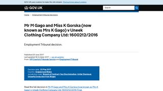 Mr M Gago and Miss K Gorska (now known as Mrs K Gago) v Uneek ...