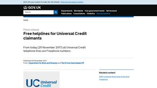 Free helplines for Universal Credit claimants - GOV.UK