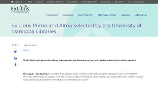 Ex Libris Primo and Alma Selected by the University of Manitoba ...