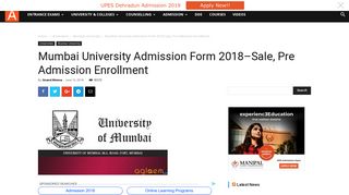 Mumbai University Admission Form 2018–Sale, Pre Admission ...