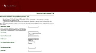 University of Phoenix Student and Faculty Web - New User Registration