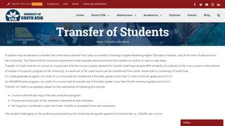 Transfer of Students – University Of South Asia