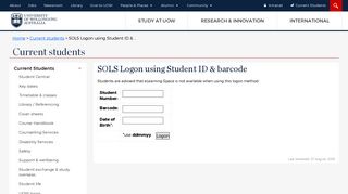 SOLS Logon using Student ID & barcode - Current students @ UOW