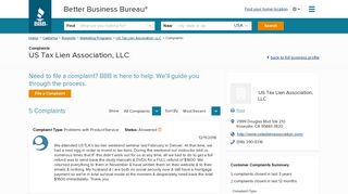 US Tax Lien Association, LLC | Complaints | Better Business Bureau ...