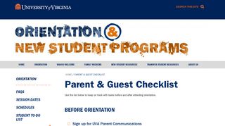 Parent & Guest Checklist | UVA Orientation and New Student Programs