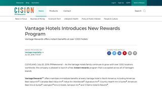 Vantage Hotels Introduces New Rewards Program - PR Newswire
