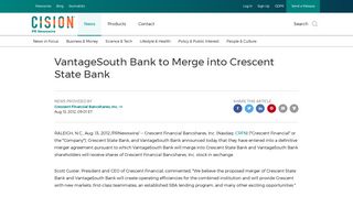 VantageSouth Bank to Merge into Crescent State Bank - PR Newswire