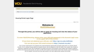 Virginia Commonwealth University - Housing Portal Login Page