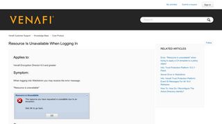 Resource is Unavailable when logging in – Venafi Customer Support