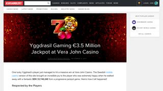Yggdrasil Gaming €3.5 Million Jackpot at Vera John Casino
