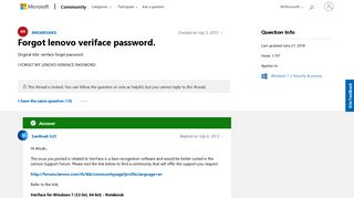 Forgot lenovo veriface password. - Microsoft Community