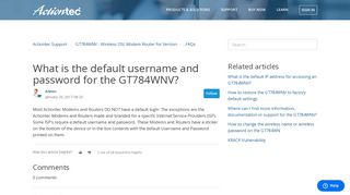 What is the default username and password for the GT784WNV ...