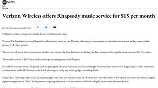 Verizon Wireless offers Rhapsody music service for $15 per month ...
