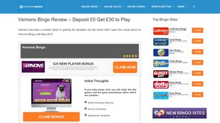 Vernons Bingo | Deposit £5 Get £30 to Play January 2019