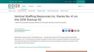 Vertical Staffing Resources Inc. Ranks No. 41 on the 2016 Startup 50