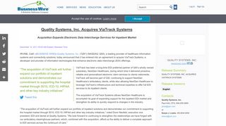 Quality Systems, Inc. Acquires ViaTrack Systems | Business Wire