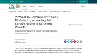 ViaWest to Combine with Peak 10, Creating a Leading Full-Service ...
