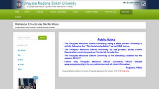 Distance Education Declaration | Vinayaka Missions Sikkim University