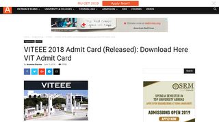 VITEEE 2018 Admit Card (Released): Download Here VIT Admit Card ...