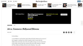 Art vs. Commerce: Hollywood Dilemma - The New York Times