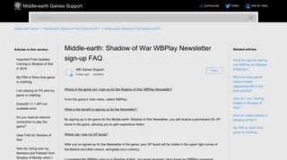 Middle-earth: Shadow of War WBPlay Newsletter sign-up FAQ ...