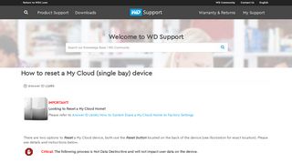 How to reset a My Cloud (single bay) device | WD Support