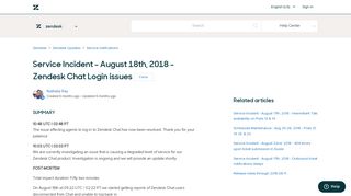 Service Incident - August 18th, 2018 - Zendesk Chat Login issues ...