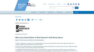 Mike Larson Named Editor of Weiss Research's Safe Money Report