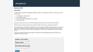 Login Page - Reset your PIN - Mercer Super Trust - Australia