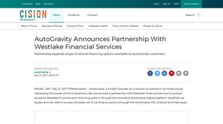 AutoGravity Announces Partnership With Westlake Financial Services