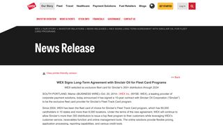 WEX Signs Long-Term Agreement with Sinclair Oil for Fleet Card ...