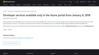 Developer services available only in the Azure portal from January 8 ...