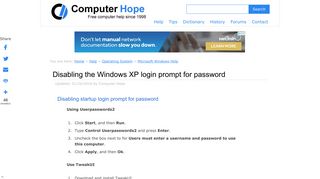 Disabling the Windows XP login prompt for password - Computer Hope