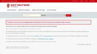 WiscMail Plus login page for UW-Madison Google Apps is now retired