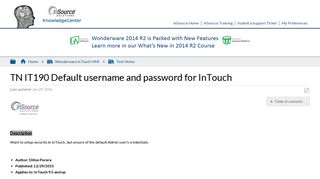 TN IT190 Default username and password for InTouch - InSource ...