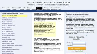Victorian Death Notices Archive October, November, December 2013