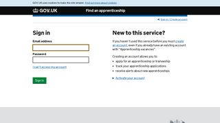 Gov.UK Apprenticeship Sign in - government apprenticeship site
