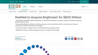 ResMed to Acquire Brightree® for $800 Million - PR Newswire