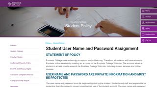 Student User Name and Password Assignment - Excelsior College