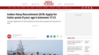 Indian Navy Recruitment 2018: Apply for Sailor posts if your age is ...