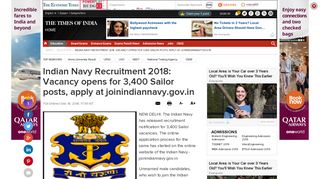Indian Navy Recruitment 2018: Vacancy opens for 3,400 Sailor ...