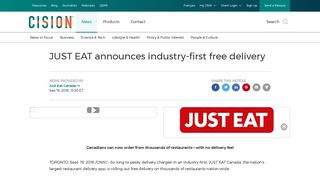 JUST EAT announces industry-first free delivery - Canada NewsWire
