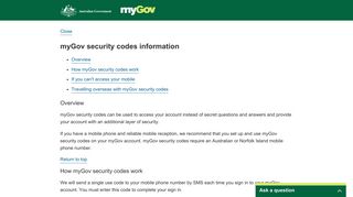 security codes information - myGov