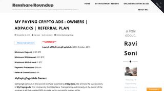 MyPayingCryptoAds: Owners | Adpacsks | Referral Plan