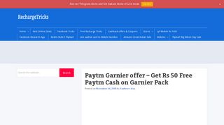 Paytm Garnier offer - Get Rs 50 Free Paytm Cash ( Recharge )