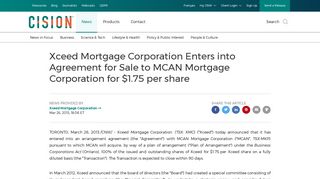 CNW | Xceed Mortgage Corporation Enters into Agreement for Sale to ...