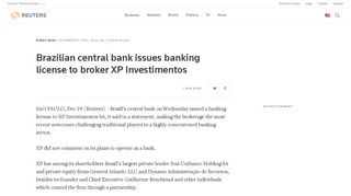Brazilian central bank issues banking license to broker XP Investimentos